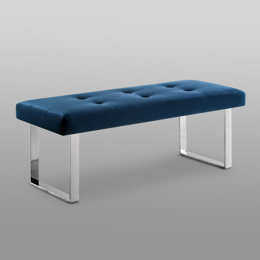 Dolores Velvet Button Tufted Square Leg Bench, Navy With Chrome Base
