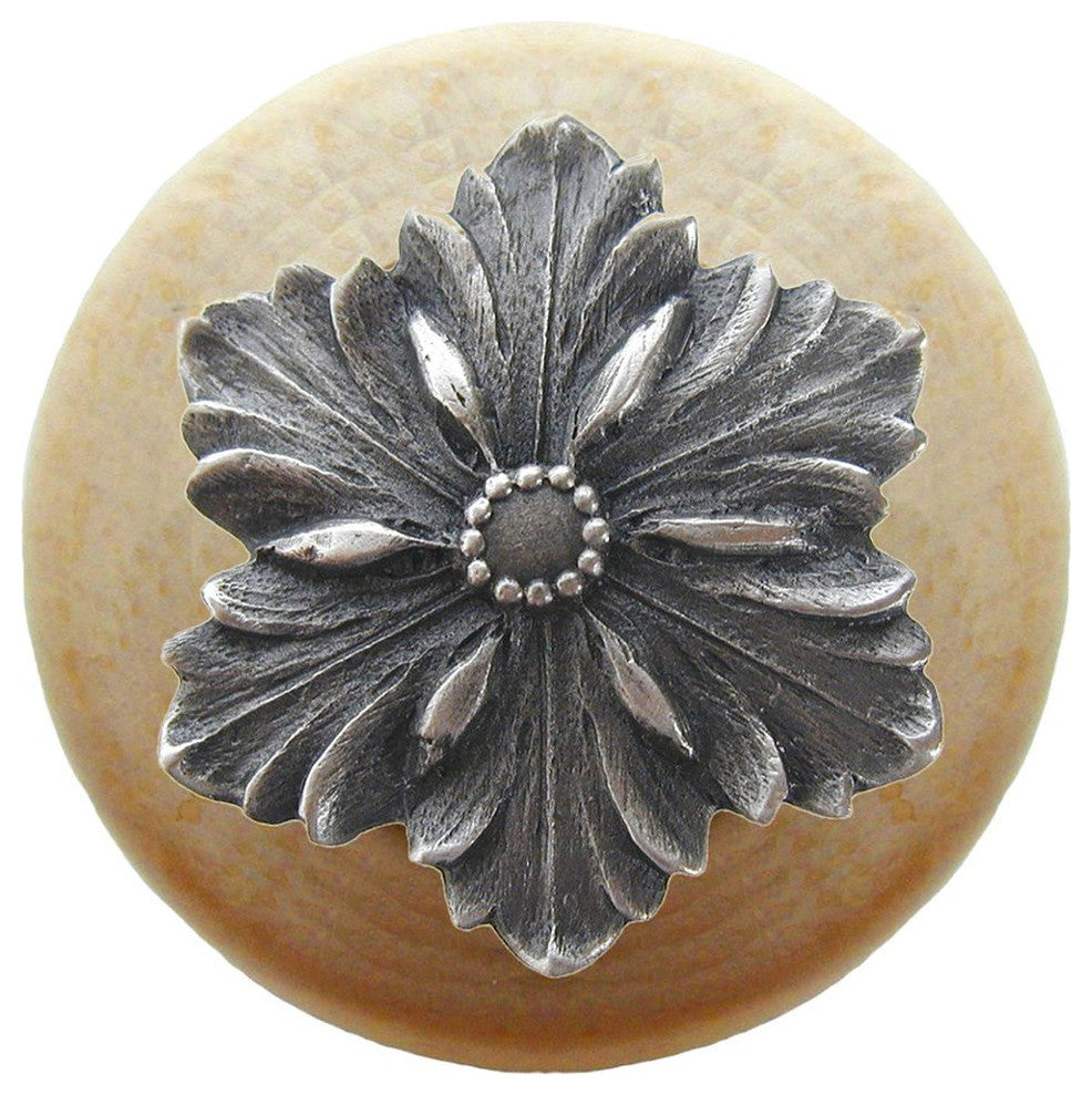 Opulent Flower Natural Wood Knob, Clear Finish With Antique-Style Pewter