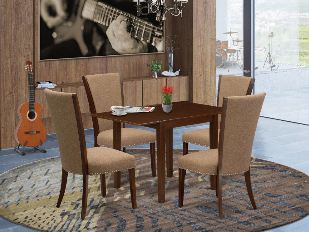 A Dining Set Of 4 Chairs, Drop Leaf Rectangle Wooden Table, Mahogany
