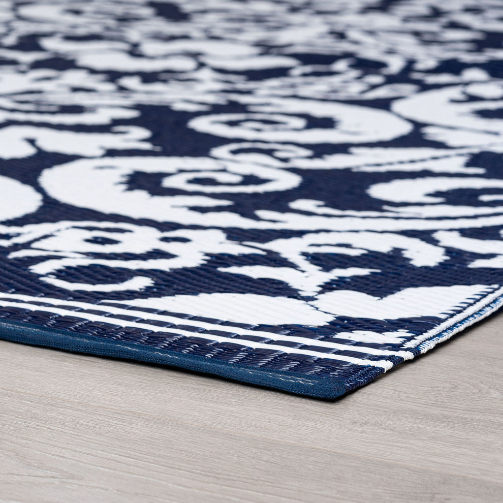 Carrero Transitional Scroll Navy/White Rectangle Indoor/Outdoor Area Rug, 9'x12'