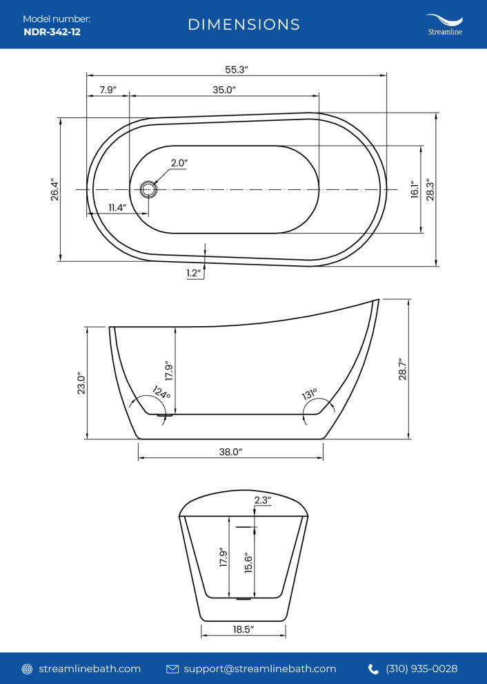 55" Streamline NDR-342-12-PBR Freestanding Tub, Tray, Drain in Polished Brass