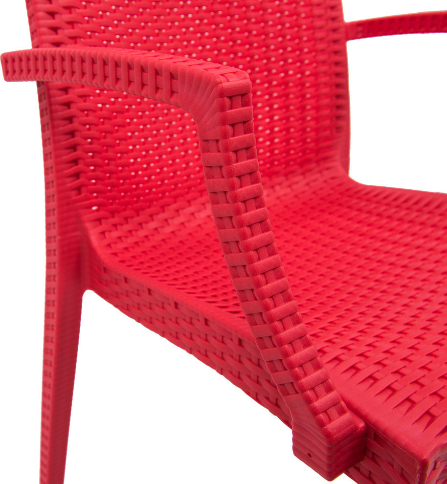 LeisureMod Weave Mace Indoor Outdoor Patio Dinin Armchairs, Black, Red
