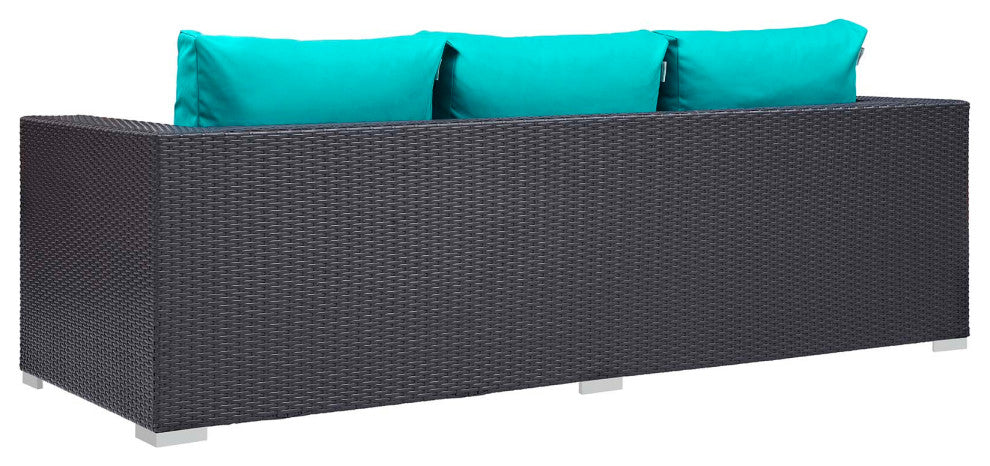 Modern Outdoor Sofa, Chair and Coffee Table Fire Pit Set, Fabric Rattan, Blue