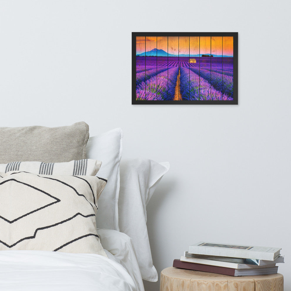Faux Wood Lavender Fields and Sunset Landscape Framed Photo Paper Wall Art Print, Black, 12" X 18"