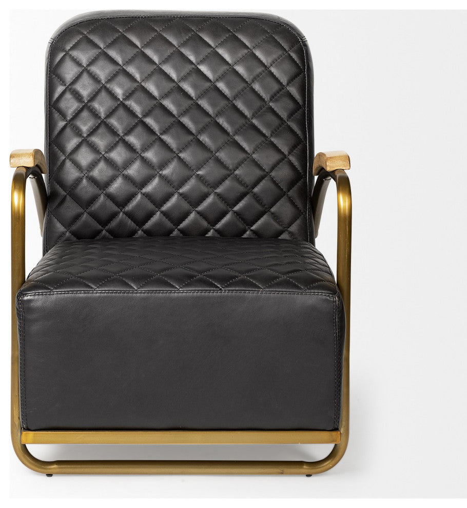 Black Leather Diamond Pattern Gold Club Chair