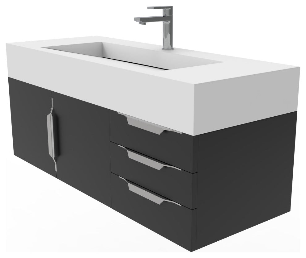 CastelloUSA Nile 48" Wall Mounted Vanity Set, Black, White Top, Brushed Nickel