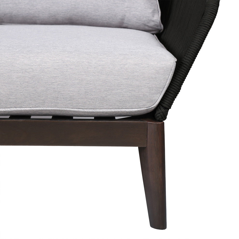 Athos Outdoor Club Chair With Latte Rope and Gray Cushions, Dark Eucalyptus