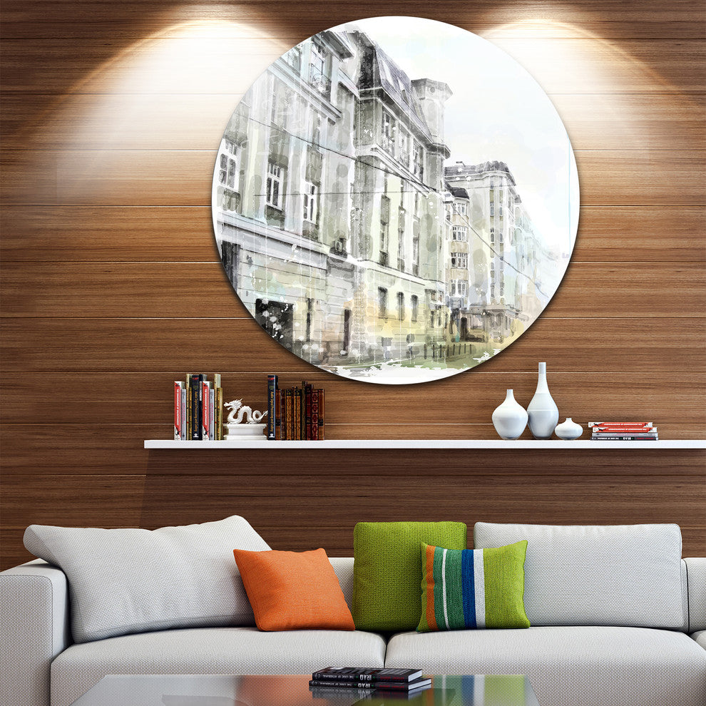Watercolor Dark Illustration, Cityscape Round Metal Wall Art, 36"