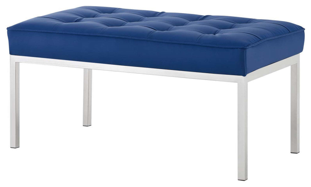 Modern Accent Chair Bench, Faux Vinyl Leather Metal Steel, Navy Blue Silver