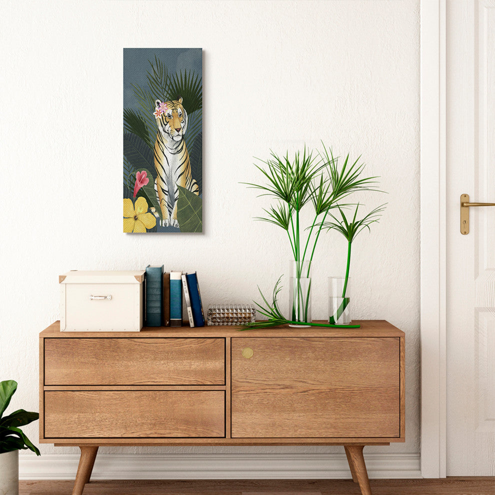 Tiger Flowers Orange Pink Animal Painting, 13"x30", Canvas Art