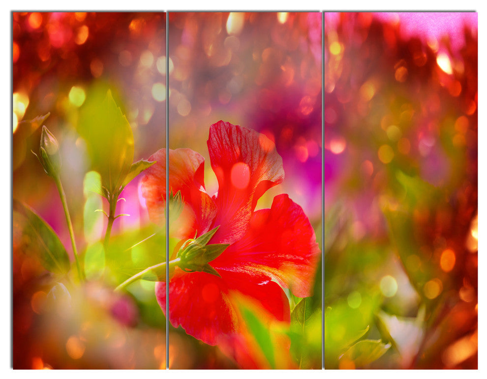 Beautiful Red Rural Summer Flowers, Floral Triptych Canvas Art, 36x28, 3 Panels