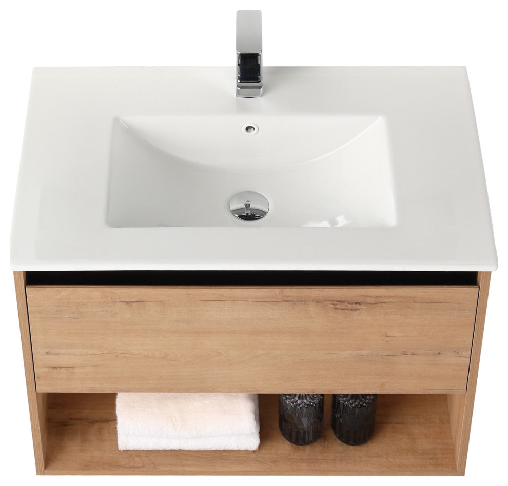 Wall Mounted Bathroom Vanity and Sink, Classic Oak, 30'' Ceramic