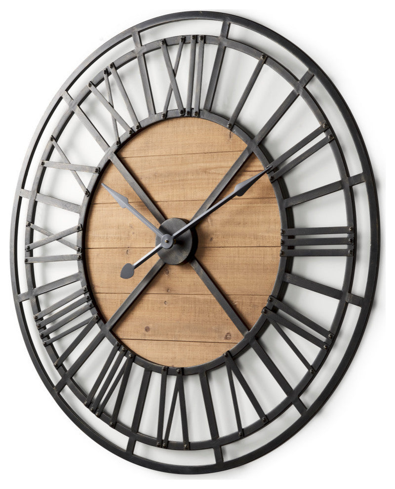 Lewiston Black Iron With Brown Wood 42" Round Wall Clock