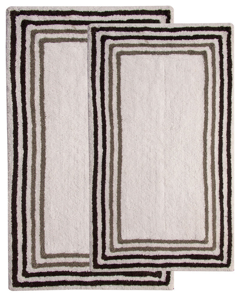 Bath Rug Cotton, 2 Piece Set, 24"x17" and 34"x21", White and Multi Gray