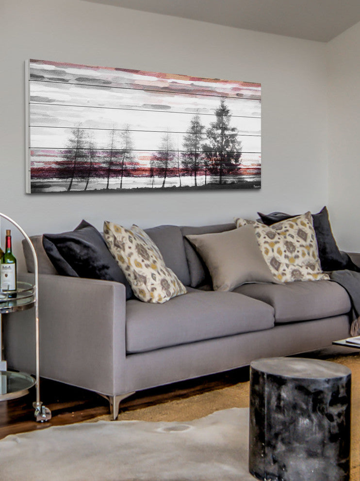 "Red Behind the Trees" Print on White Wood, 40"x20"