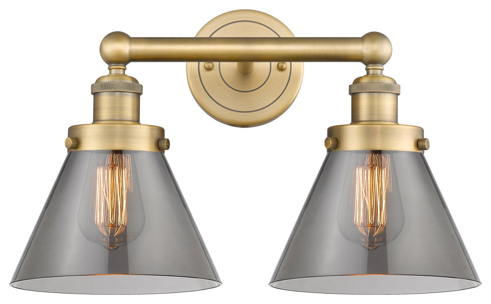 Edison Large Cone-2 Lt 16"Bath Vanity Lt-Brushed Brass Finish-Plated Smoke Shade
