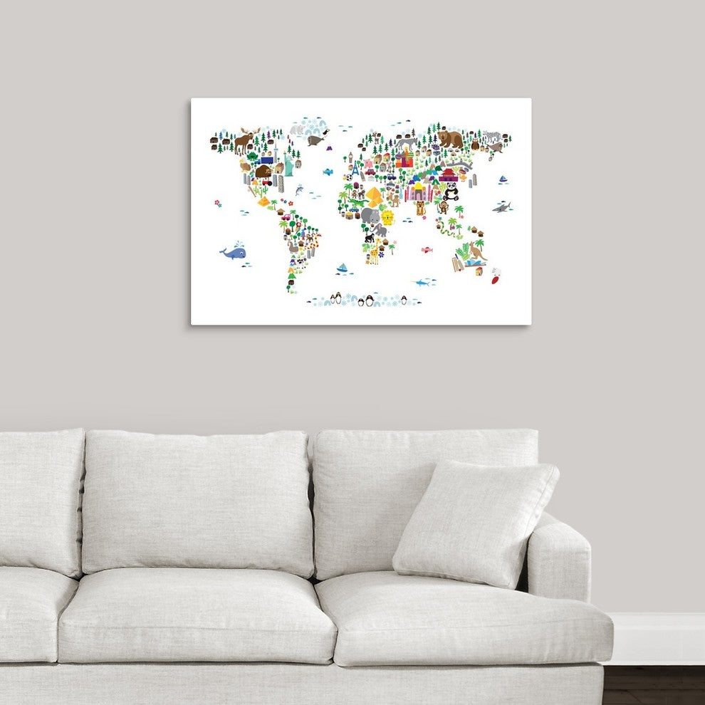 Animal Map of the World for children, White Wrapped Canvas Art Print, 36"x2
