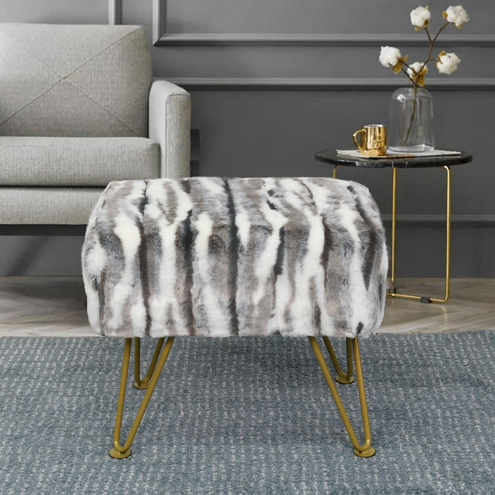 Multi Jacquard Faux Fur Ottoman, Grey, 19"x13"x7"