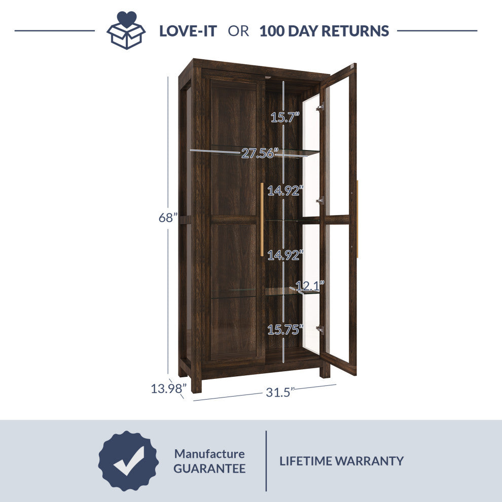Curio Storage Cabinet with Tempered Glass Doors, Display Cabinet, Dark Walnut