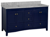 Abbey 60" Bath Vanity, Base: Royal Blue, Top: Carrara Marble, Double Vanity
