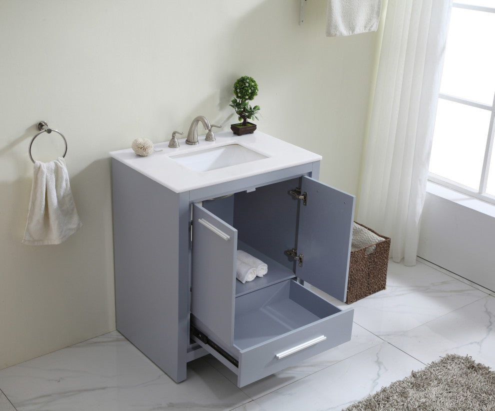 30" Single Bathroom Vanity, Grey With Ivory White Quartz