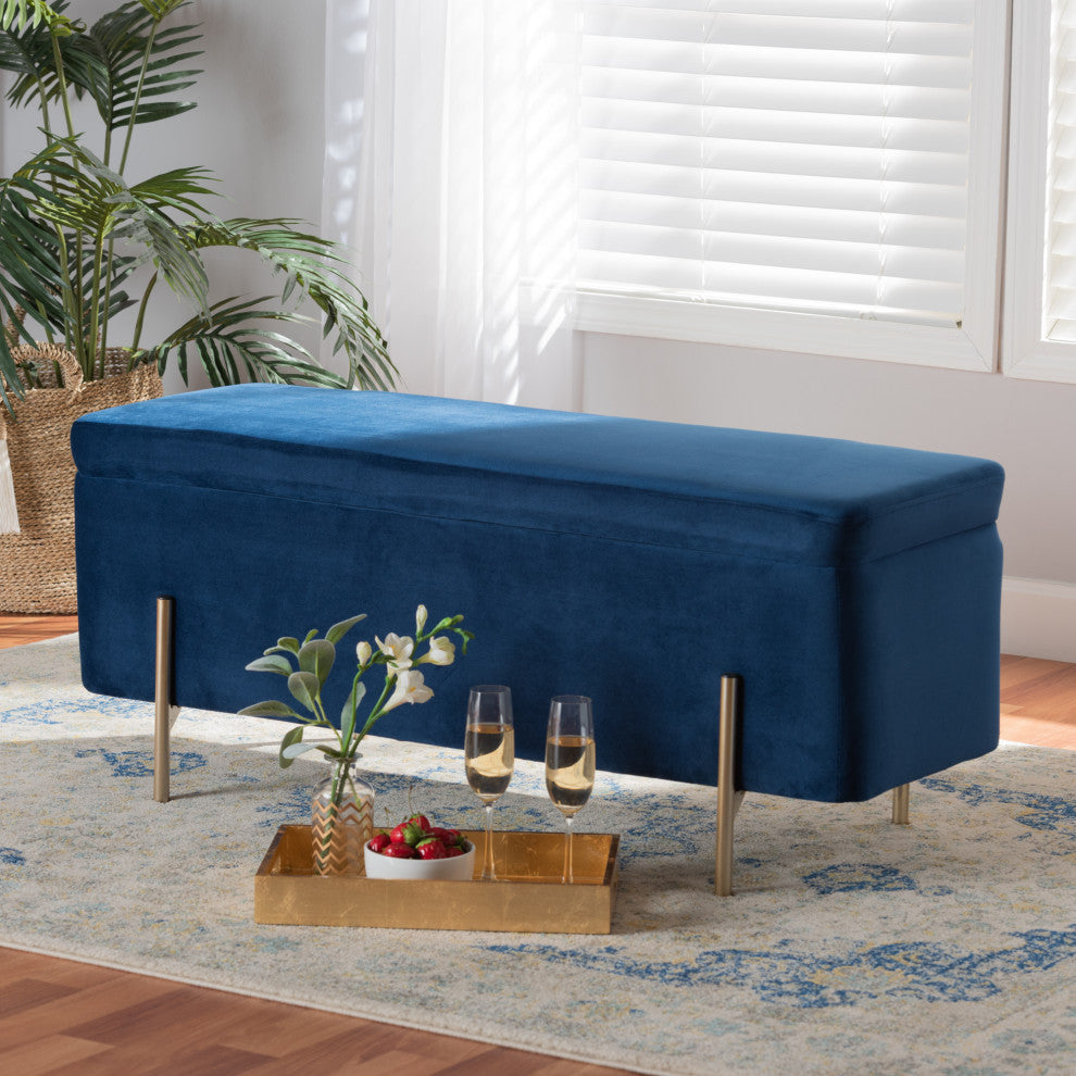 Aaran Glam Velvet Fabric Upholstered Storage Bench Navy Blue