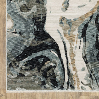 Easely Modern Abstract Elements Steel Blue/ Ivory Area Rug, 6'7" x 9'6"