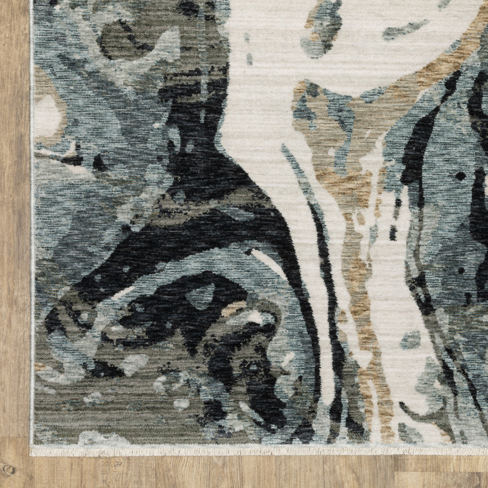 Easely Modern Abstract Elements Steel Blue/ Ivory Area Rug, 6'7" x 9'6"