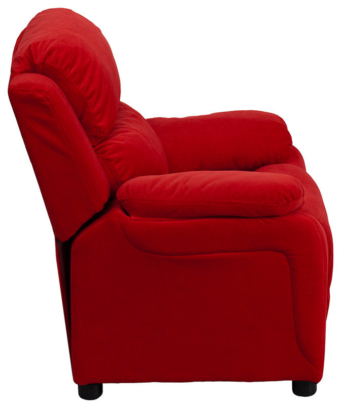 Deluxe Padded Red Microfiber Kids Recliner with Storage Arms