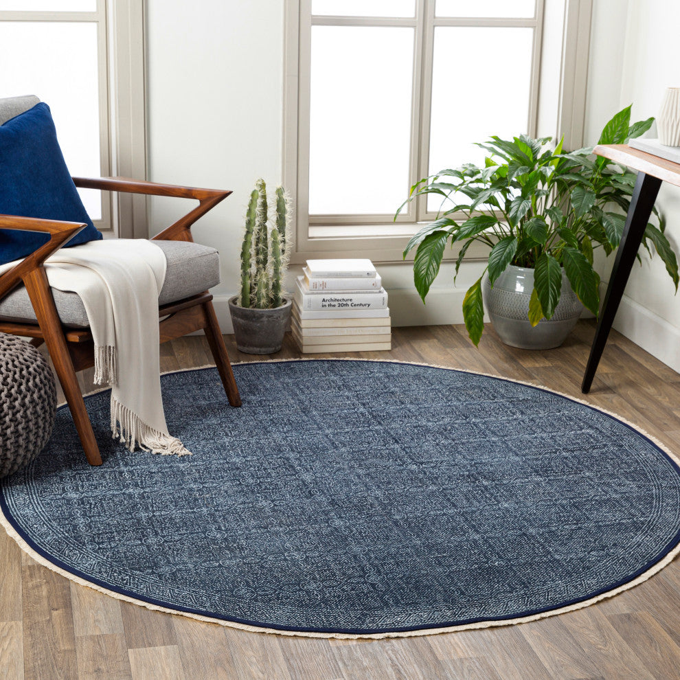 Surya Rajasthan RAJ-2300 8' Round Rug, Navy/White/Cream