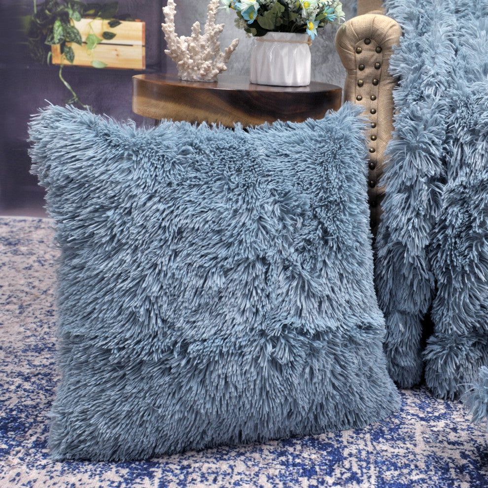 Shaggy Throw Blanket and 2 Pillow Shell 3 Piece Set, Silver Blue, Throw 50"x60" and 2 Pillow Shells 20"x20"