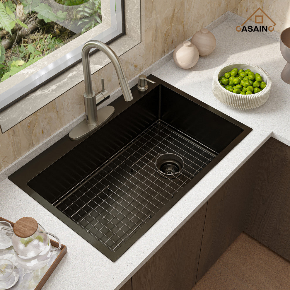 33in Stainless Steel Single Bowl Drop-In Workstation Kitchen Sink with Faucet, Brushed Nickel