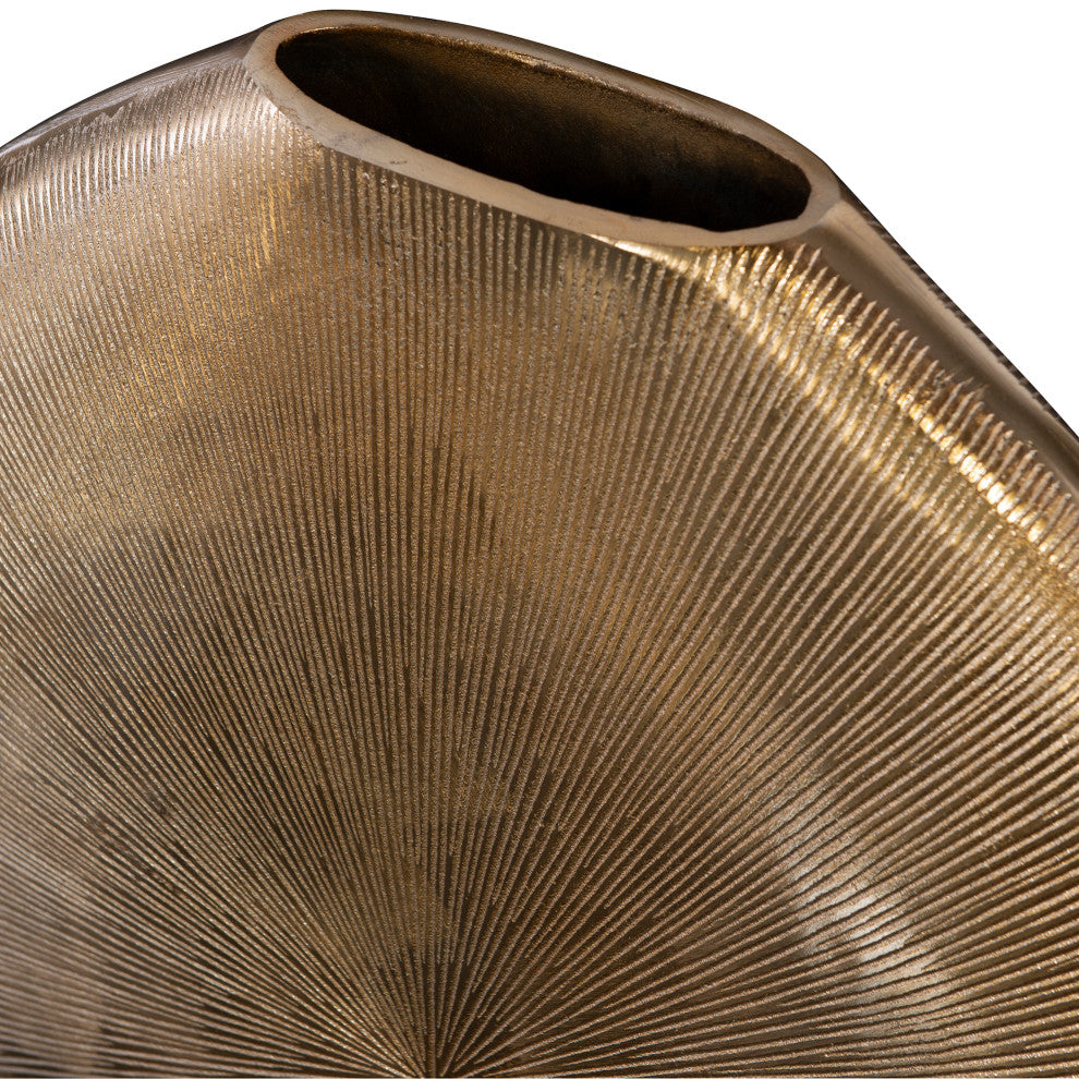 Luxe Large Flat Ribbed Disk Gold Silver Vase, Mid Century Modern Round Oval