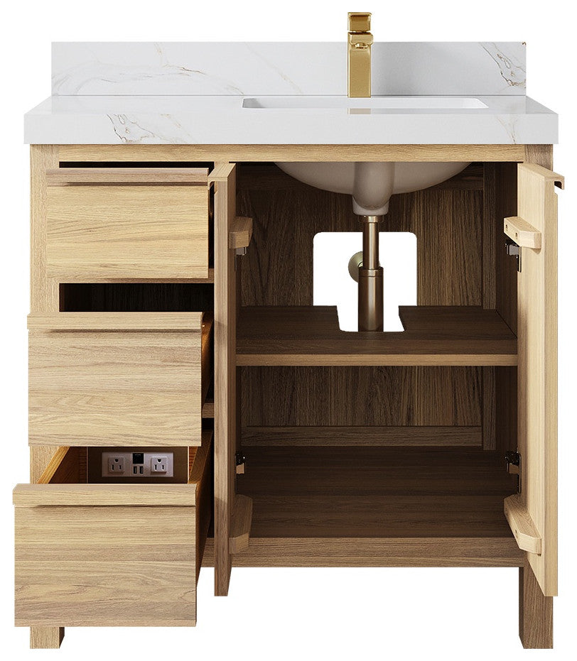 Elizabeth Oak 36" Right Offset Sink Vanity, White 2" Calacatta Sienna