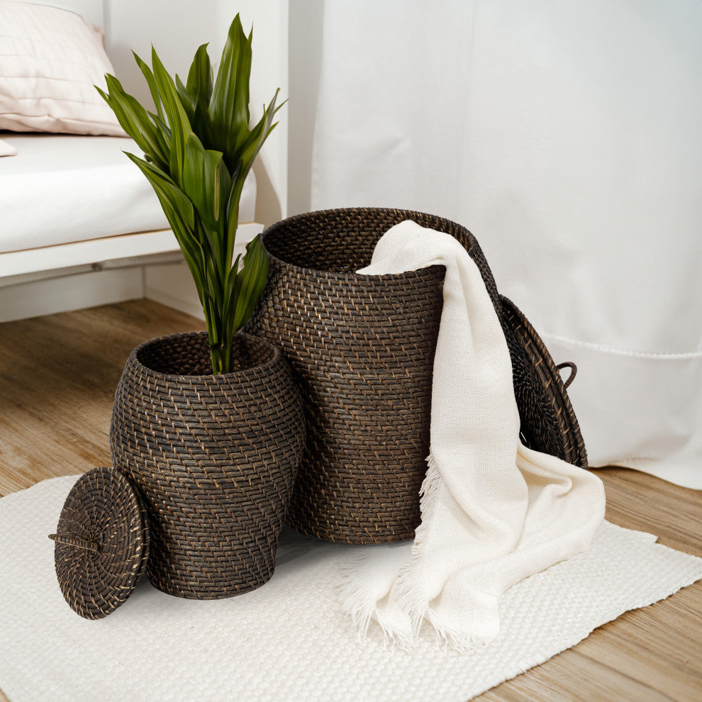 Rattan Wicker Storage Basket With Lid, Washed Black Finish, Set of 2