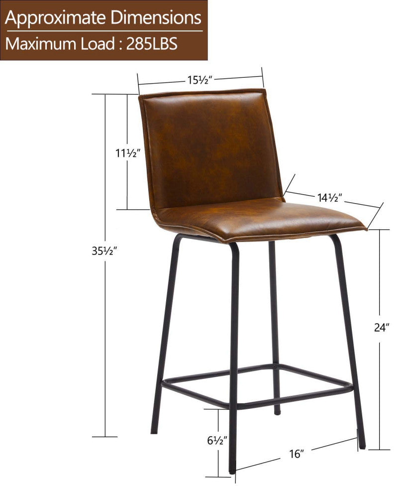 Set of 2 Modest Faux Leather Counter Stools, 24 Inch, Yellowish Brown