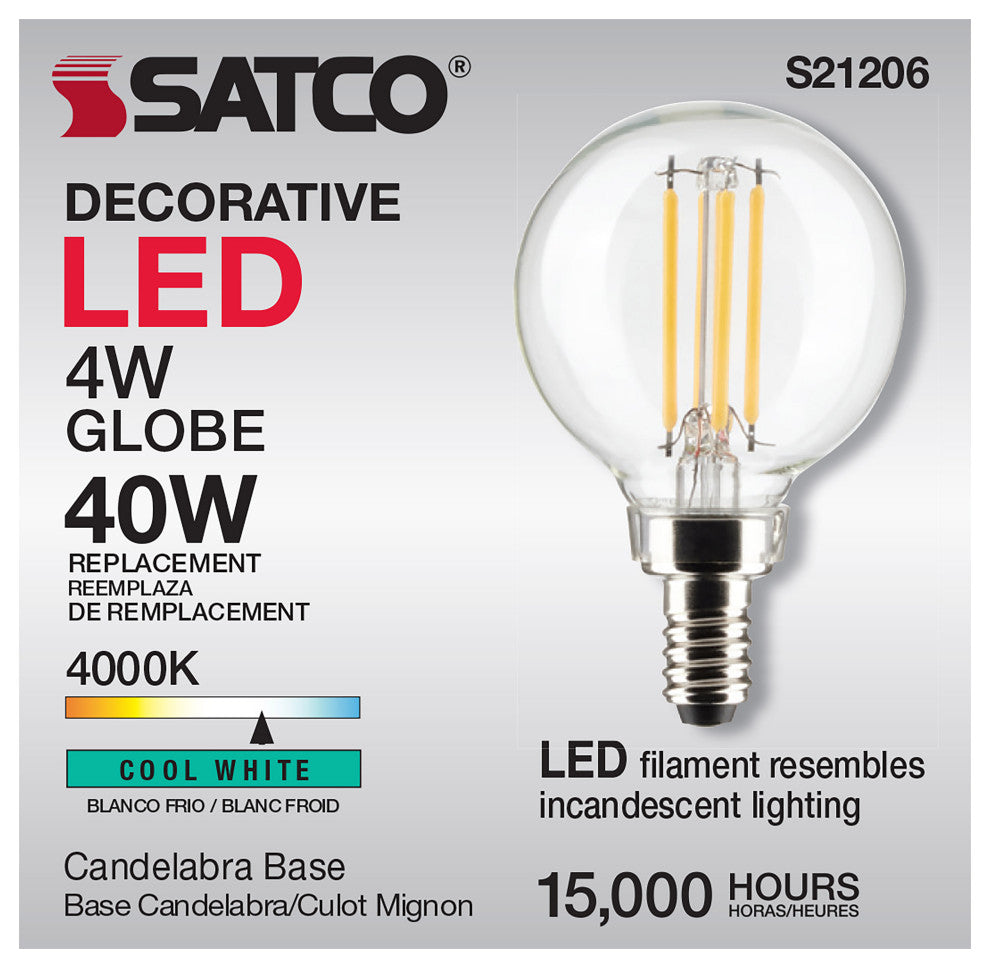 4W G16.5 LED, Clear, Candelabra Base, 90 CRI, 4000K, 120V