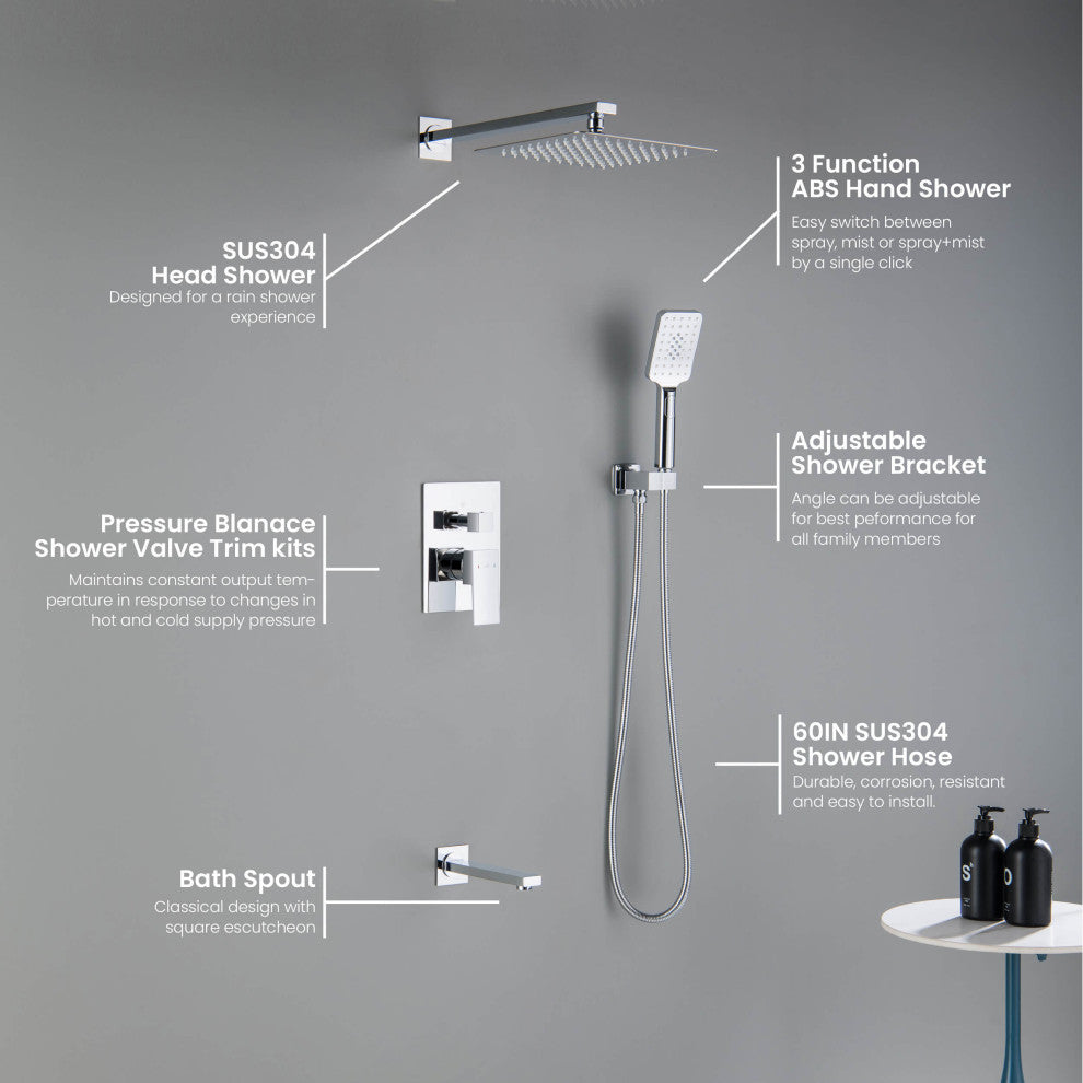 Cube Pressure 3-Function Shower System, Rough-In Valve, Chrome