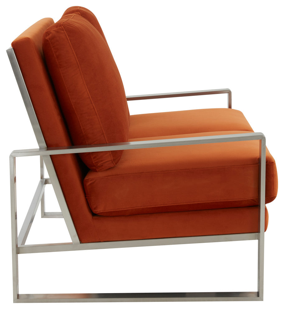 LeisureMod Jefferson Modern Design Velvet Loveseat With Silver Frame, Orange
