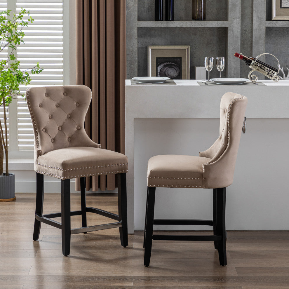 WestinTrends 2PC 24" Tufted Wingback Velvet Counter Height Stool Set, Black, Velvet Taupe
