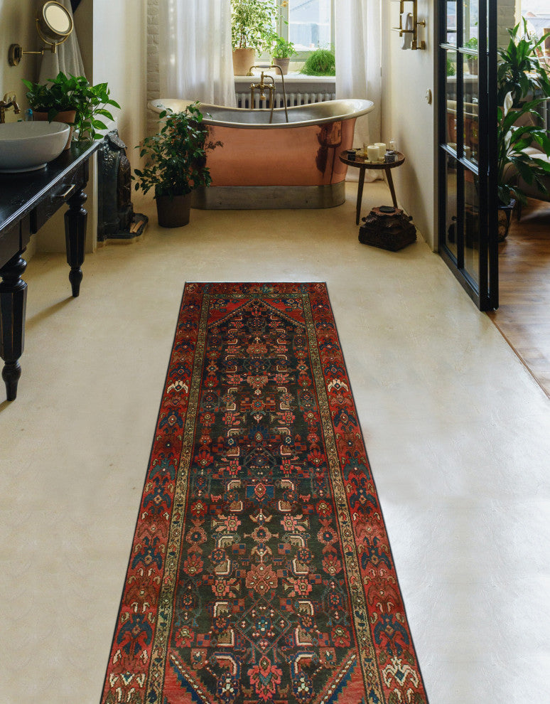 Fine Vintage Distressed Adalbrec Charcoal/Rust Runner, 2'11 x 10'6