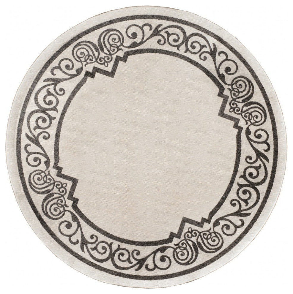 8" Round Cream Ornate Border Indoor Outdoor Area Rug