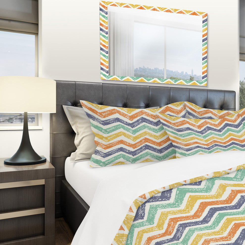 Retro Chevron in Orange Blue and Yellow Vintage Duvet Cover, Twin