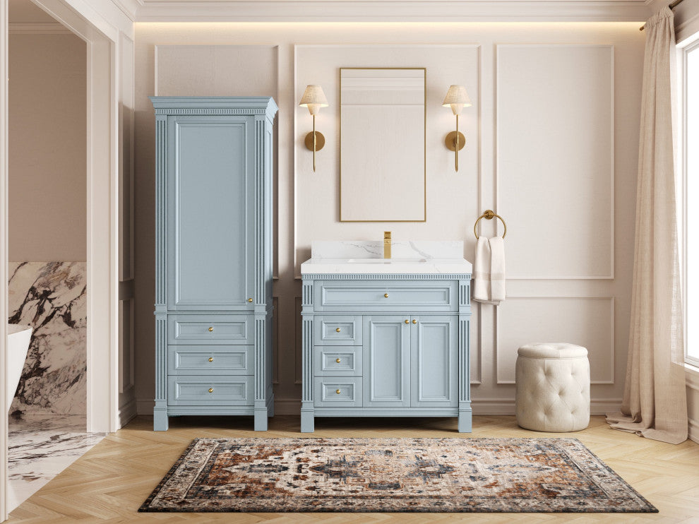Paris 36" Center Sink Bathroom Vanity, Blue Heather 2" Calacatta Laza
