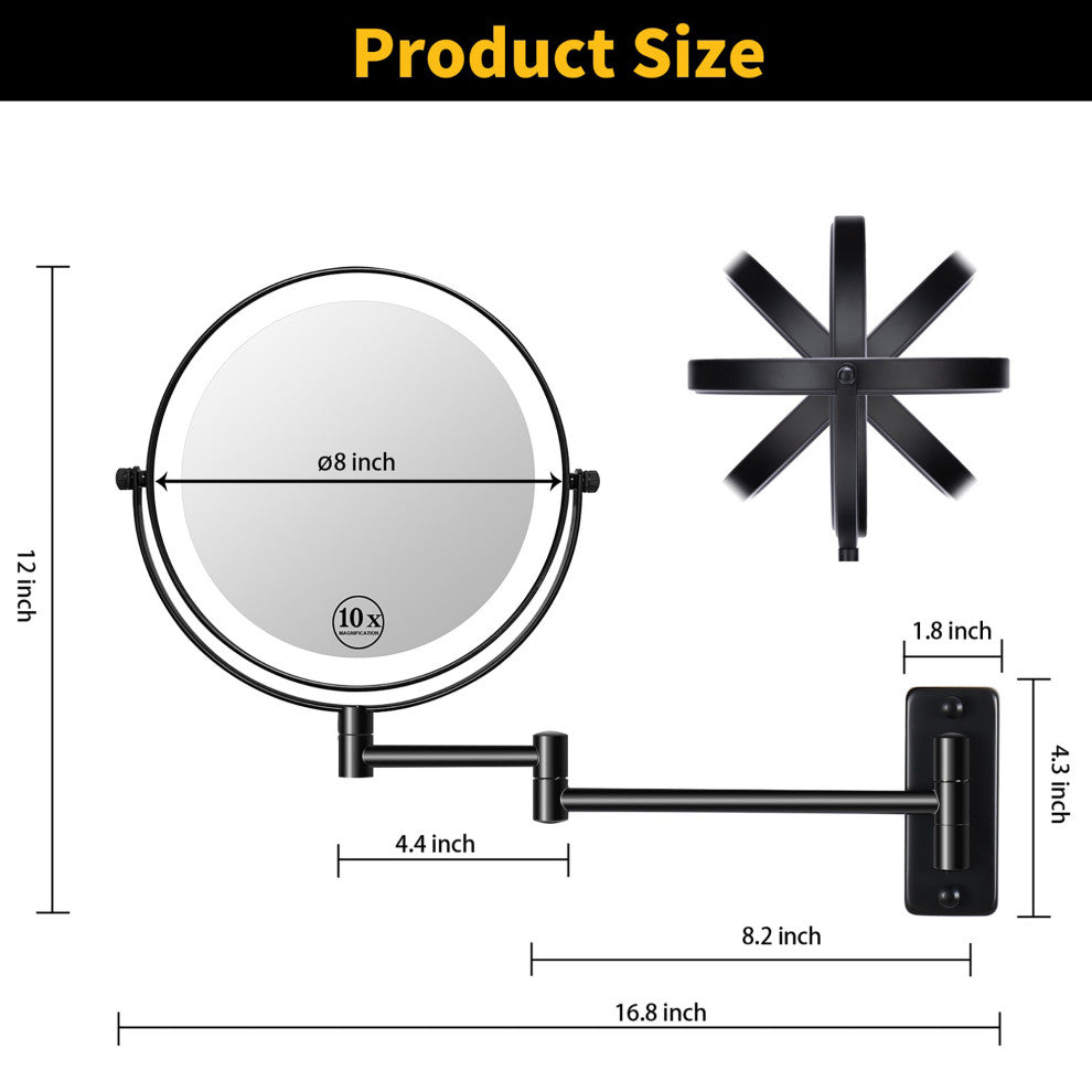 8 inch Double-Sided Framed Wall Mounted 10X LED Magnifying Bathroom Mirror, Black