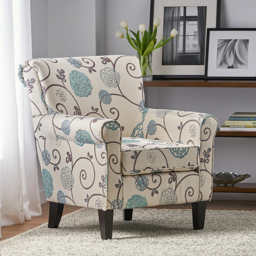 Comfortable Accent Chair, Floral Patterned Polyester Upholstery With Rolled Arms