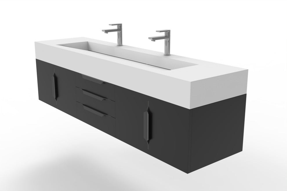 CastelloUSA Nile 72" Wall Mounted Vanity Set, Black, White Top, Black Handles