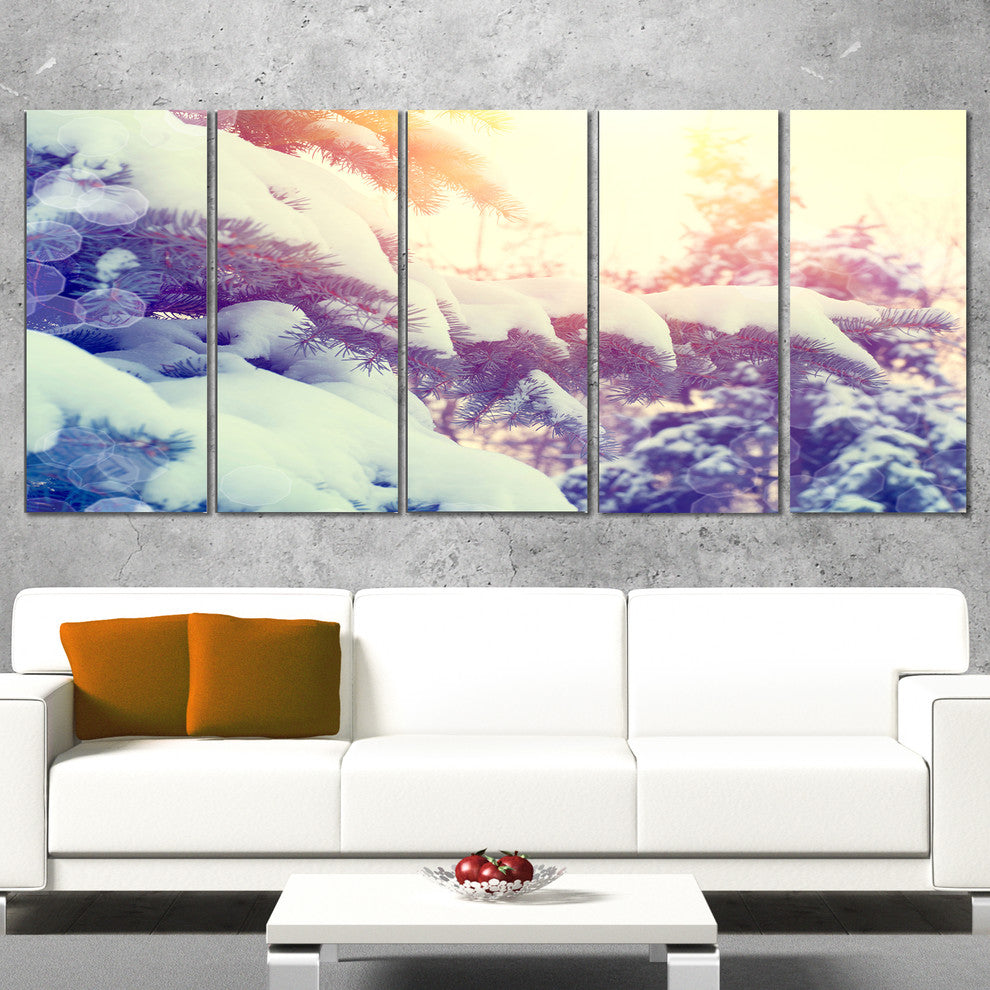 Winter Pine Trees in Mountains, Large Landscape Canvas Art, 60"x28", 5 Panels