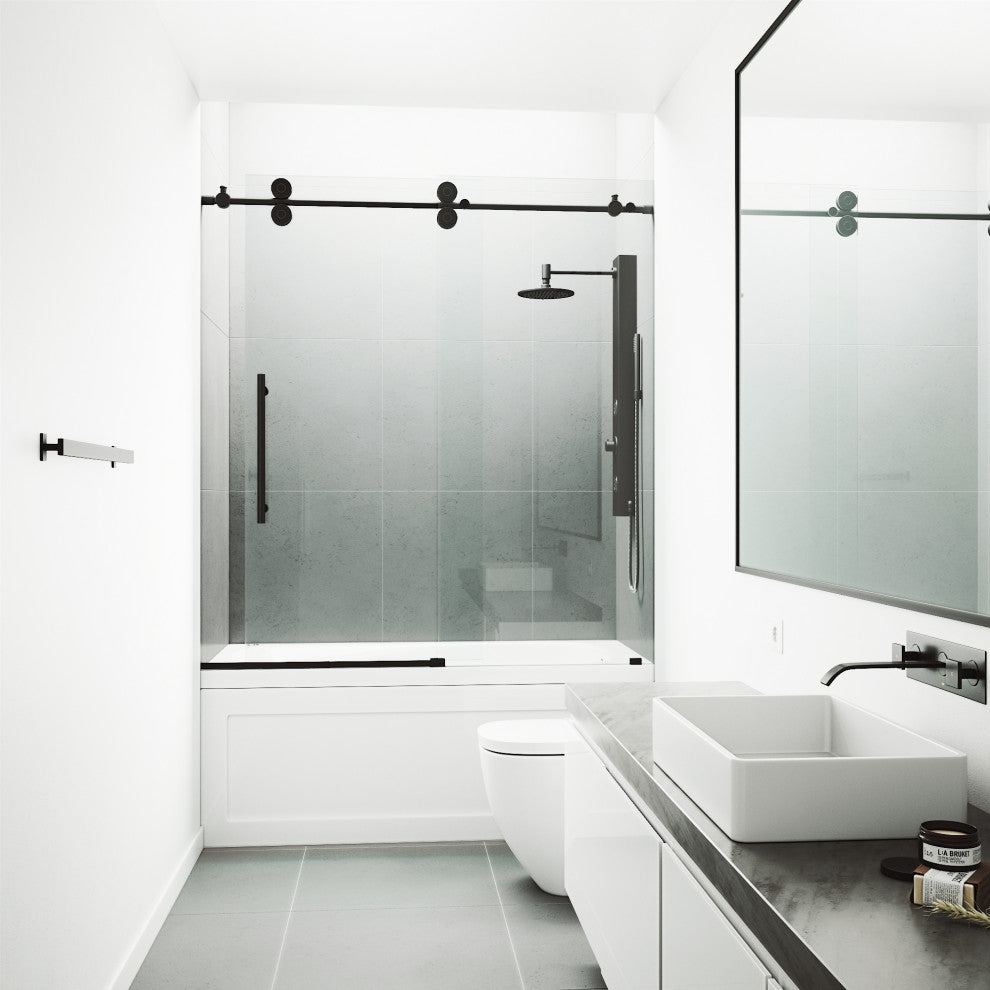 VIGO Elan 56" to 60" W x 66" H Frameless Sliding Tub Door, Matte Black, Clear Glass