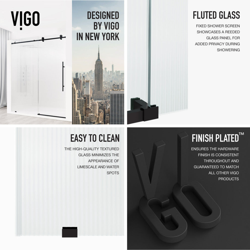 VIGO Elan E-Class 56" to 60" W x 76" H Frameless Sliding Shower Door, Matte Black, Fluted Glass, Right
